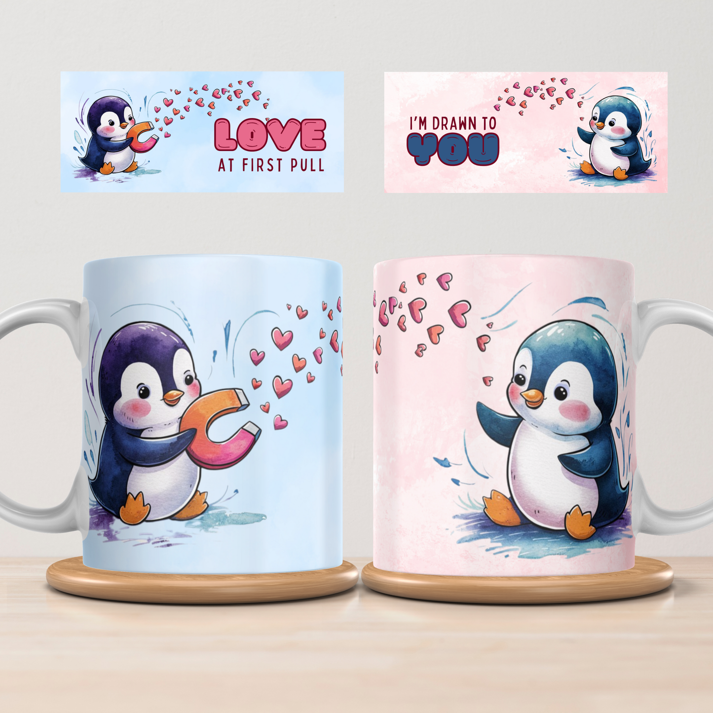 “Love at First Pull” – Matching Penguin Mug Set