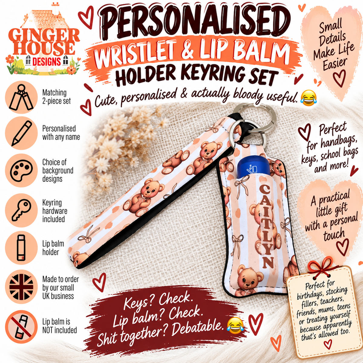 Personalised Wristlet & Lip Balm Holder Keyring Set