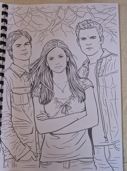 Sample colouring page with three characters