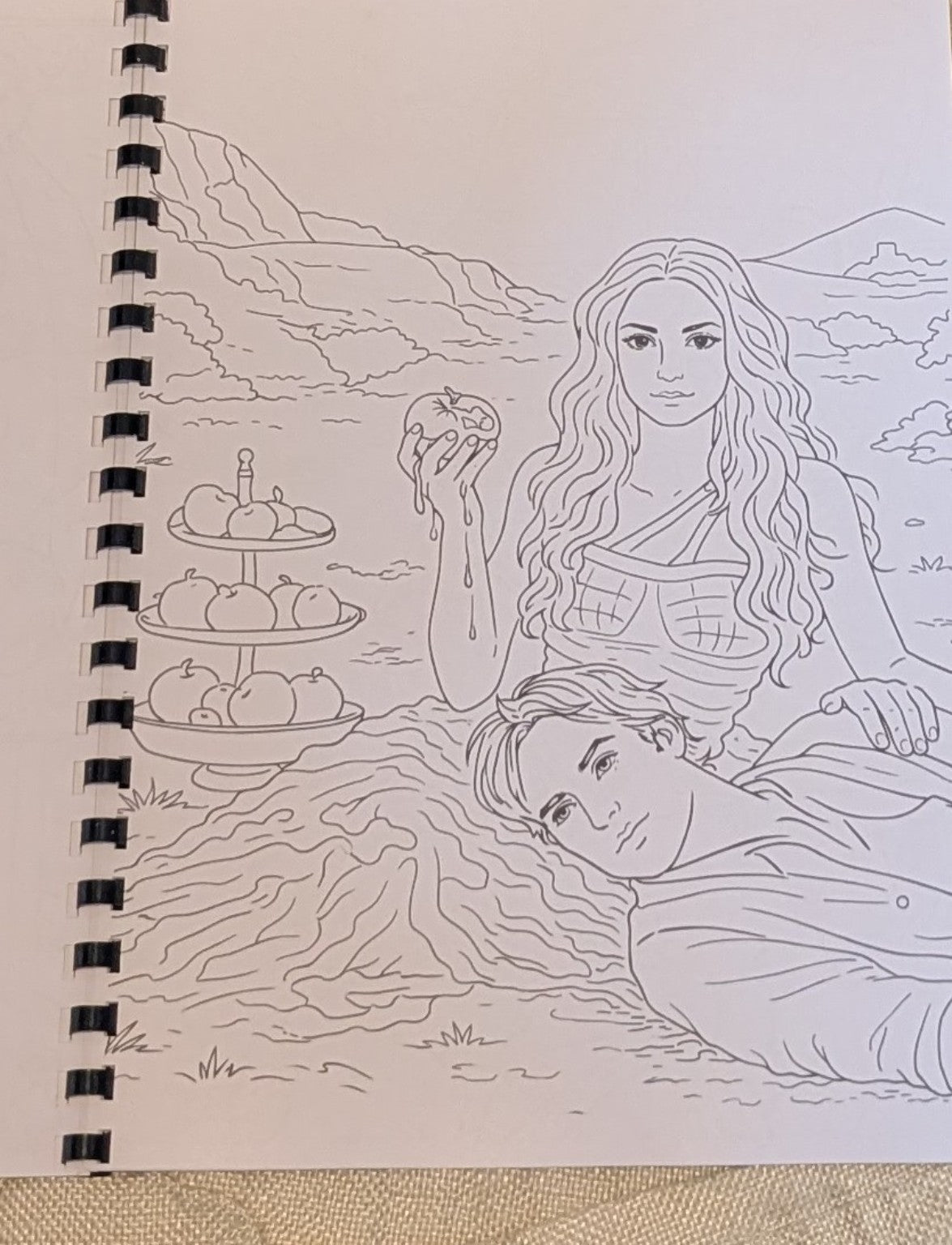 Sample colouring page with characters by the water