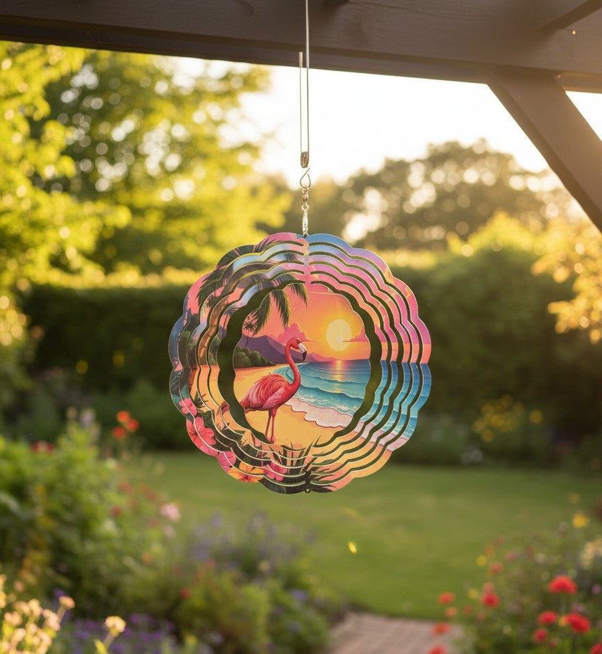 Tropical Flamingo Wind Spinner – Sunset Beach Scene