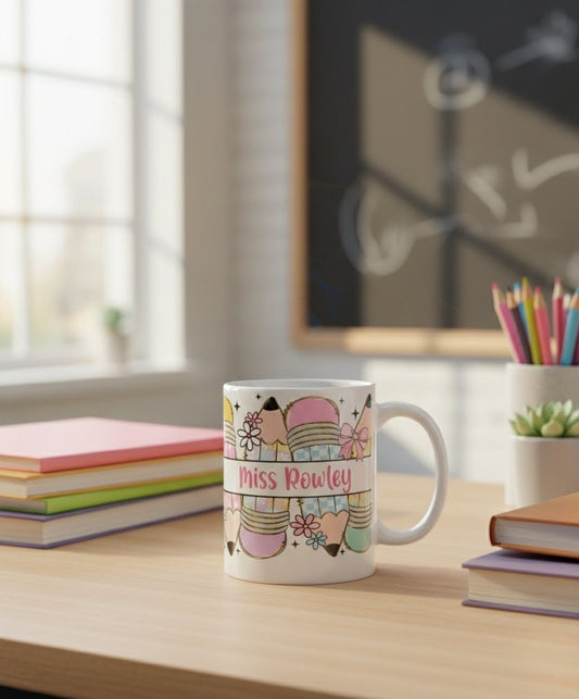 Personalised Teacher Mug – Pastel Pencil Design