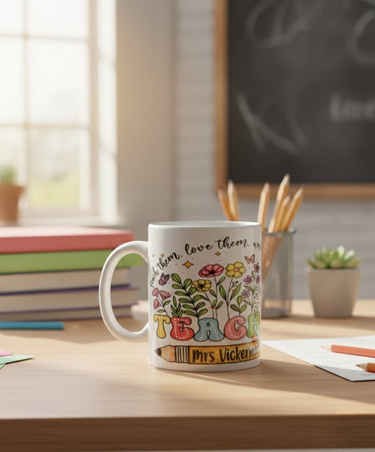 Personalised Teacher Mug – “Teach Them, Love Them” Floral Design