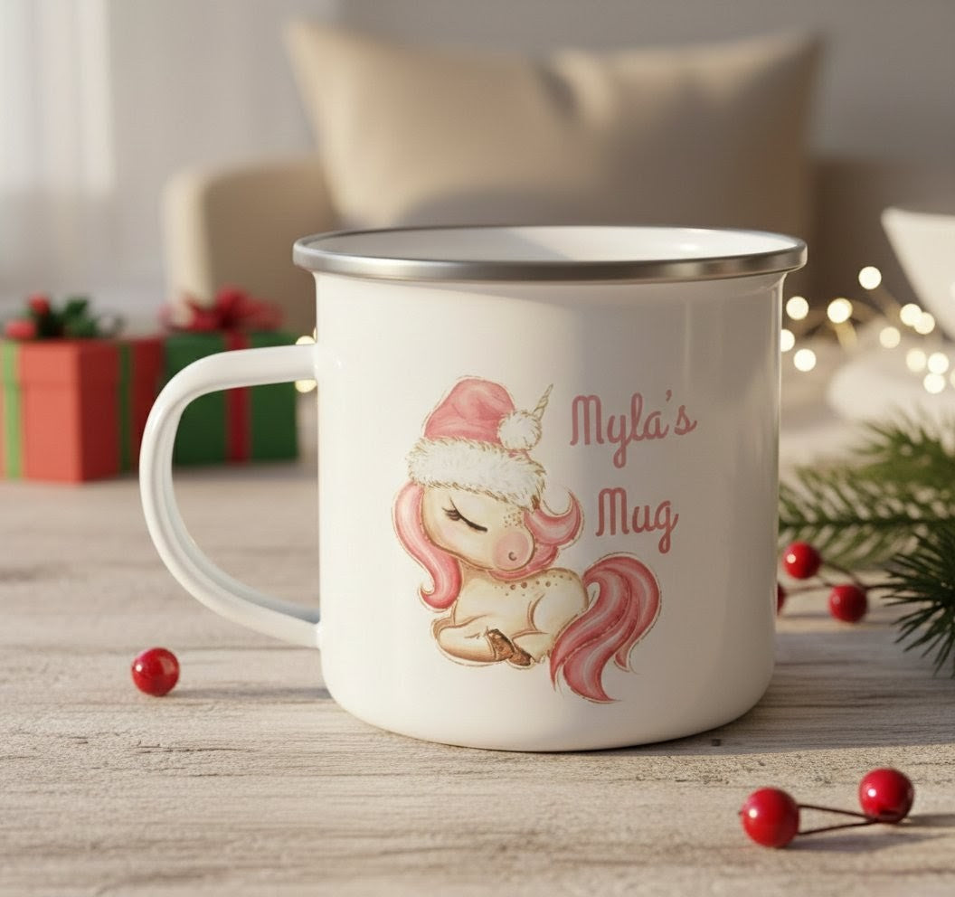 Personalised Enamel Mug – Winter Unicorn Edition