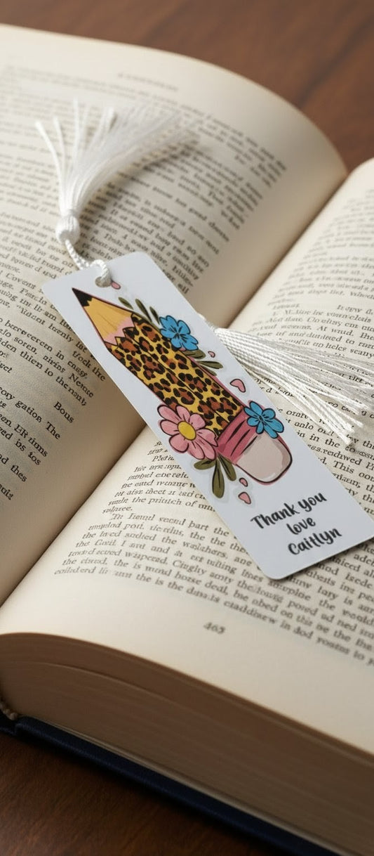 Personalised Teacher Bookmark – Leopard Print Pencil Design