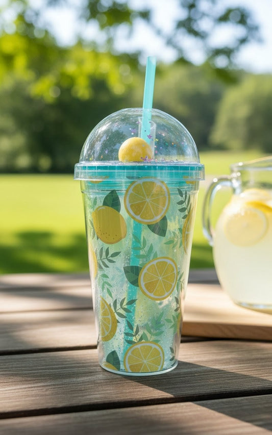 Plastic Tumbler with Dome Lid – Lemon & Sparkles Design