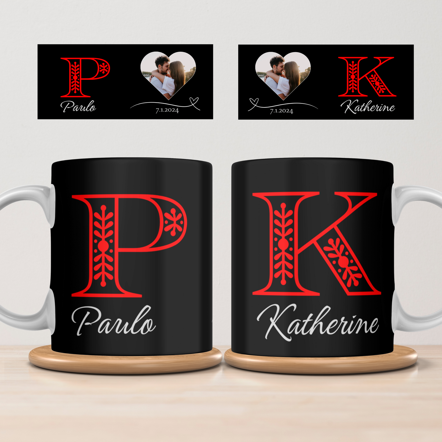Personalised Couple Mug Set – Initials, Names & Photo