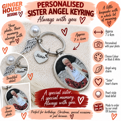 Personalised Sister Angel Keyring – With Photo Charm