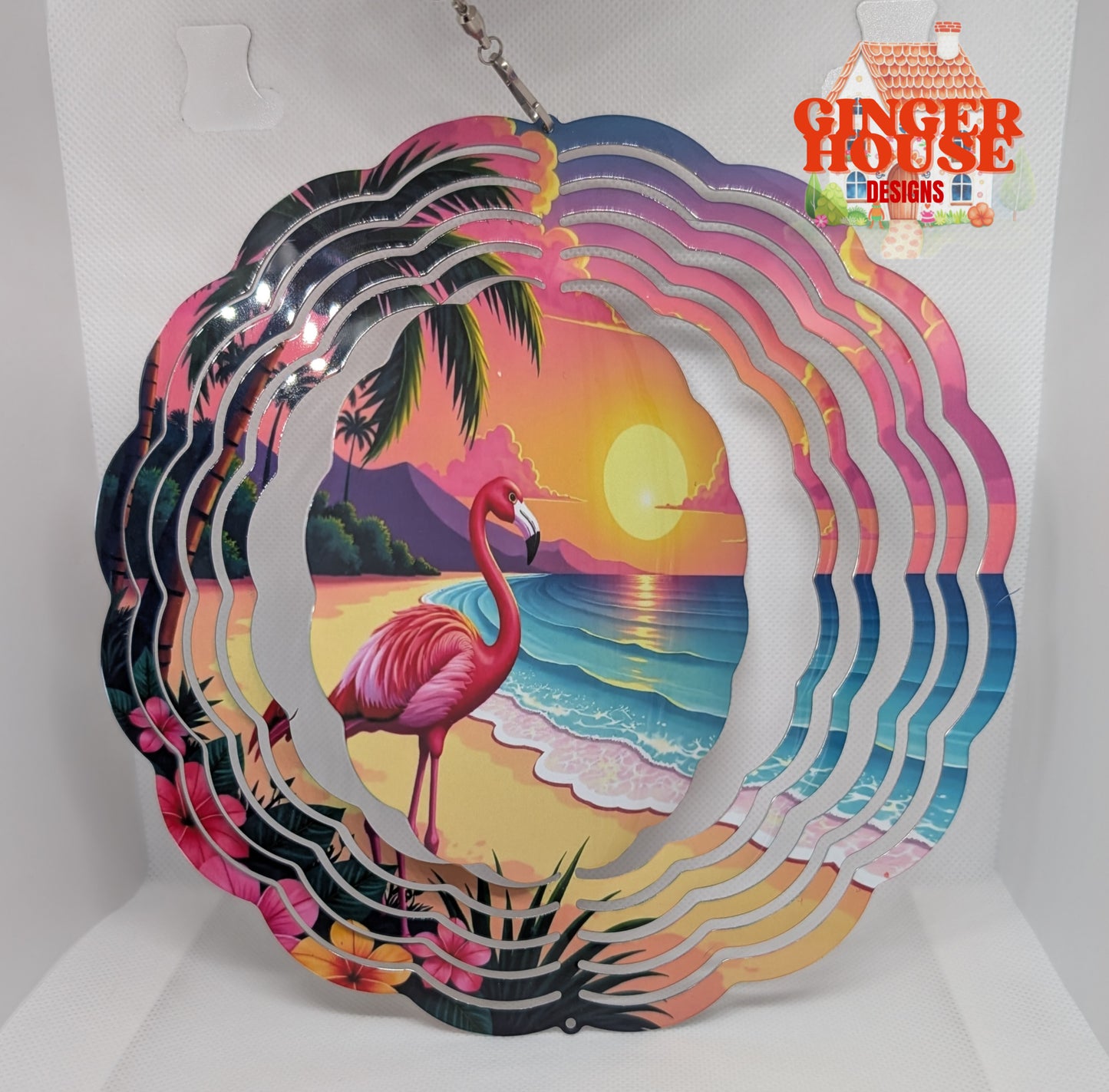 Tropical Flamingo Wind Spinner – Sunset Beach Scene
