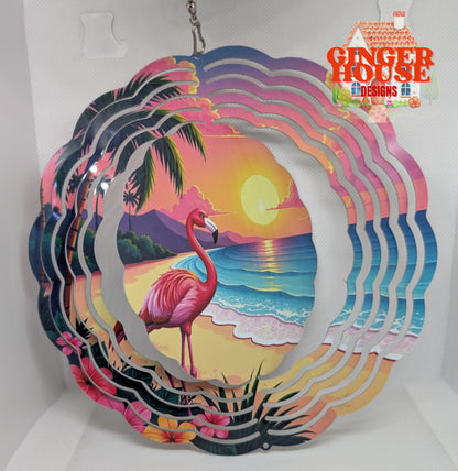 Tropical Flamingo Wind Spinner – Sunset Beach Scene