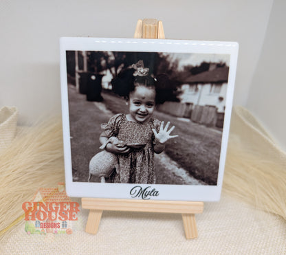 Personalised Ceramic Photo Tile – With Cork Back & Wooden Display Easel