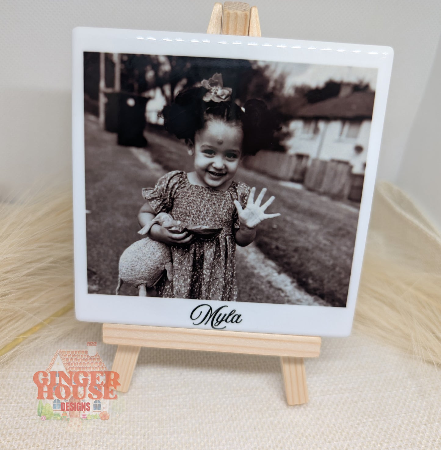 Personalised Ceramic Photo Tile – With Cork Back & Wooden Display Easel