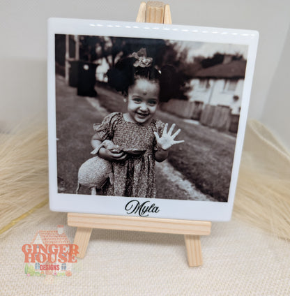 Personalised Ceramic Photo Tile – With Cork Back & Wooden Display Easel