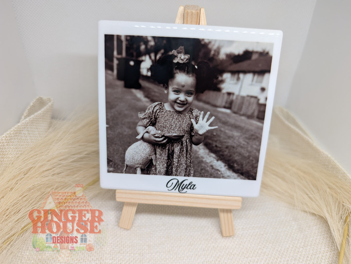 Personalised Ceramic Photo Tile – With Cork Back & Wooden Display Easel