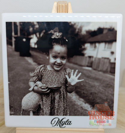 Personalised Ceramic Photo Tile – With Cork Back & Wooden Display Easel