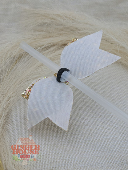 Gold sparkle bow straw topper