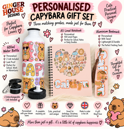 Personalised Capybara Gift Set – Water Bottle, Notebook & Bookmark