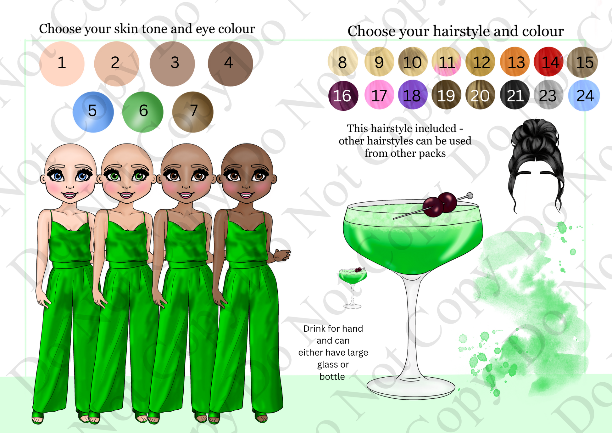 Character customization screen with options for skin tone, eye color, hairstyle, and a drink.