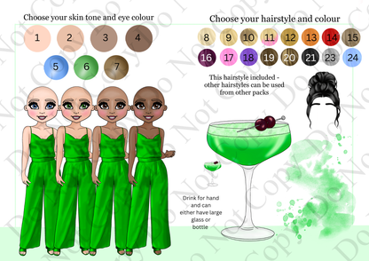 Character customization screen with options for skin tone, eye color, hairstyle, and a drink.