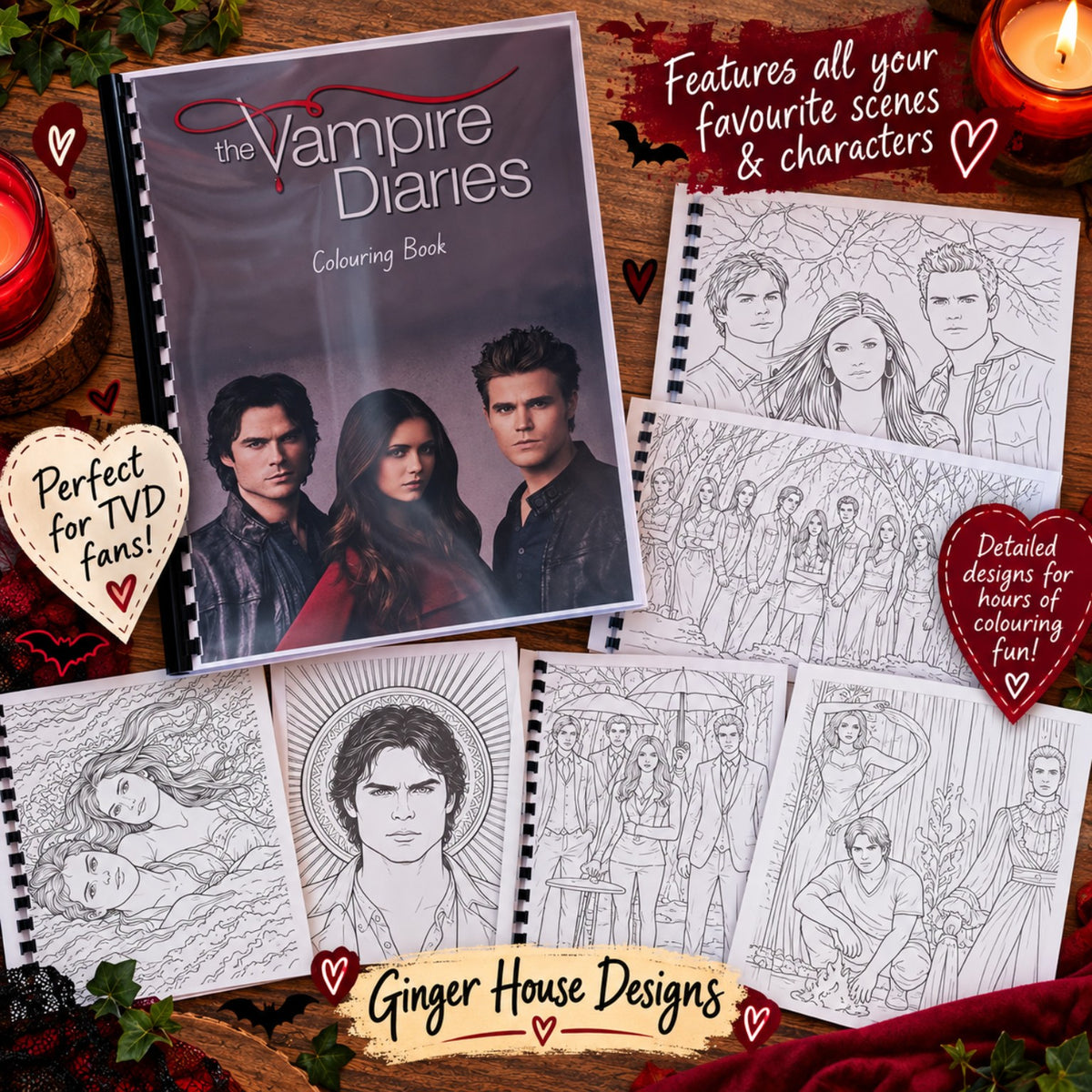 Vampire Diaries colouring book with cover and sample pages