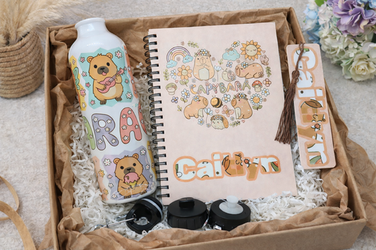 Personalised Capybara Gift Set – Water Bottle, Notebook & Bookmark