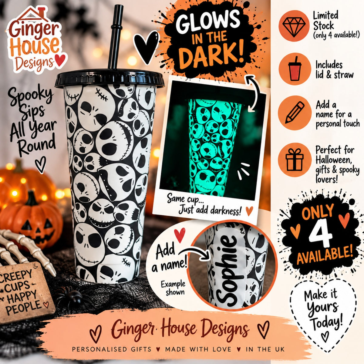 Personalised glow in the dark spooky faces cold cup