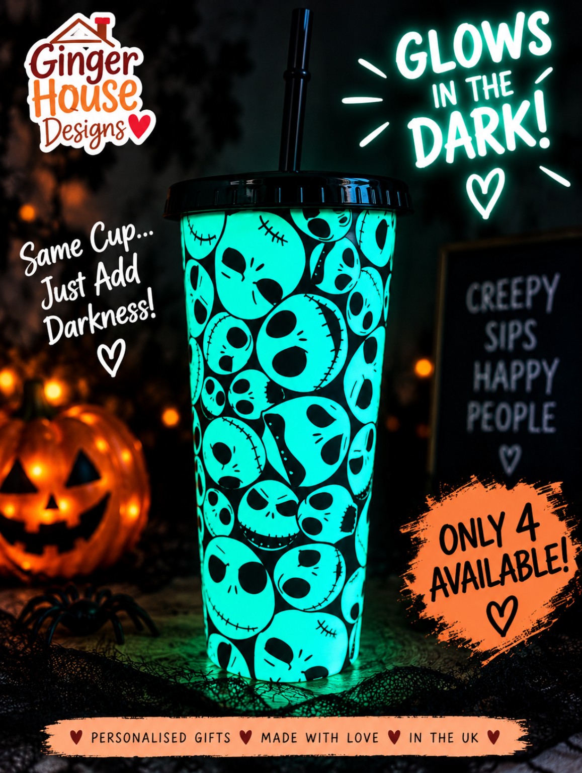 Spooky faces cold cup glowing aqua green in the dark