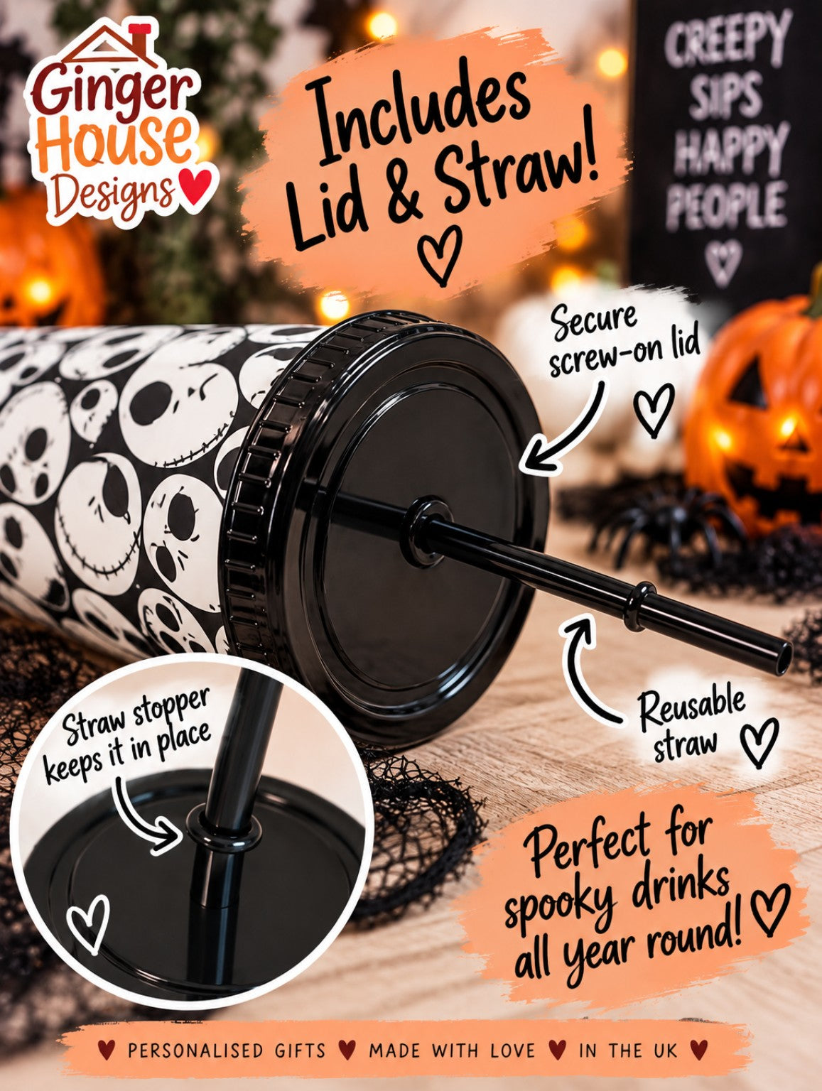 Black push-on lid and reusable straw included