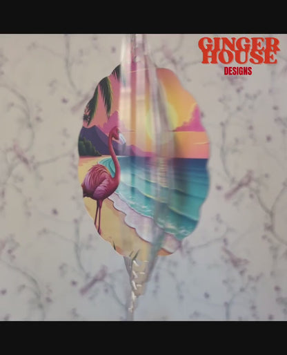 Tropical Flamingo Wind Spinner – Sunset Beach Scene