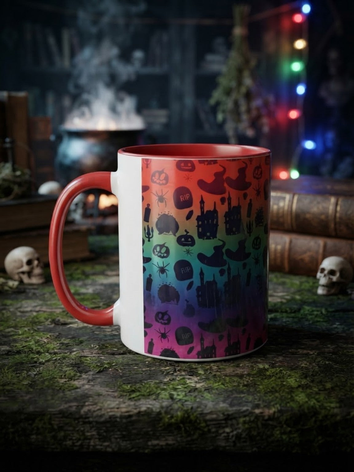 Rainbow Halloween mug with burgundy handle and interior styled mock-up